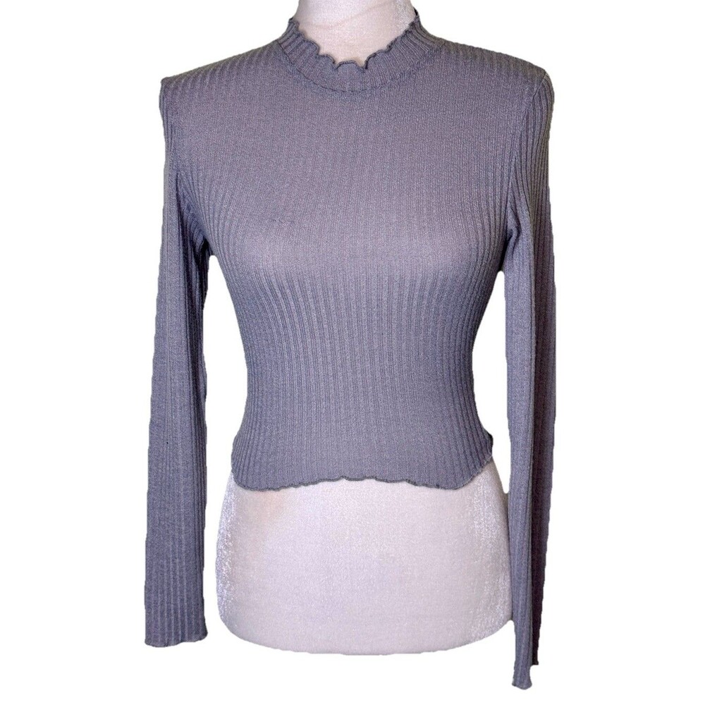 Women Y2K Style Gray Ribbed Knit Cropped Mock‎ Neck Lettuce Edge Sweater Top Sma